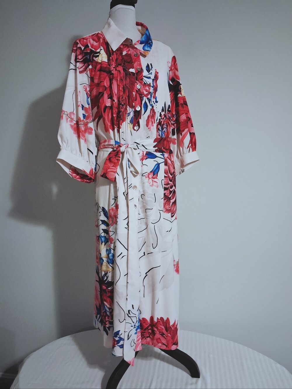 Floral White Midi Shirt Dress with Red And Pink Accents